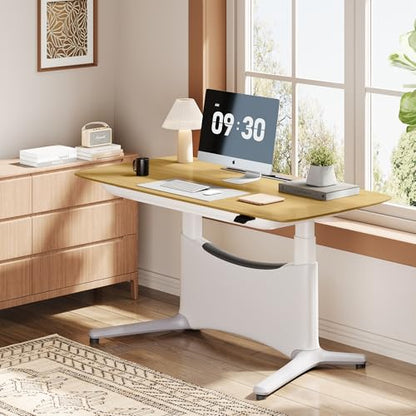 COLAMY Electric Standing Desk 55x28 Inch, Wobble-Free Dual Motor Sit Stand Up Home Office Computer Desk, One Piece Motorized Workstation Gamer Studio Table with Drawers, Footrest,Oak,White - color: Oak + White
