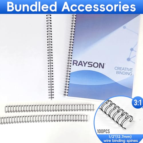 Rayson 3:1 Pitch Wire Binding Machine Bundle, 32-Hole Letter Size Binder, Punches 12 Sheets, Binds up to 120 Sheets, with 100 Black 1/2" 32-Loop Wire Binding Spines