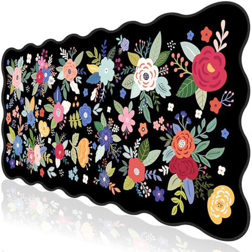 L-SPOUTTO Floral Mouse Pad, Black Scalloped Desk Mat XXL Gaming Mousepad | Botanical Large 35.4x15.7in Non-Slip Rubber Base Keyboard Pad Waterproof Desktop Mat for Laptop Computer Game Home Office - color: Colorful Flowers