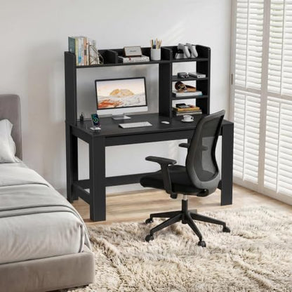 WINAZ 43" Black Gaming Desk with Hutch and Built-in Power Outlet | Modern Computer Desk with 3-Tier Storage Shelves and Hutch, Space-Saving Writing Table for Home Office - color: Black