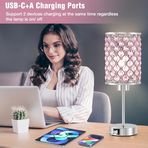 Crystal Table Lamp, Pink Touch Lamp with USB C+A Port, 3-Way Dimmable - color: Pink, size: 14.75"