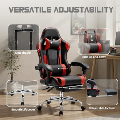 DUMOS Ergonomic Gaming Chair with Footrest, Home Office Desk Chair | PU Leather, Headrest, Linkage Armrests, Height Adjustable, 360 Swivel Reclining, Black Red - color: Black Red, size: PU Leather 27"D x 25"W x 52"H