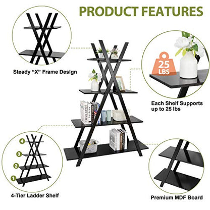 Nouva 4 Tier Ladder Bookshelf Storage Shelves, A Frame Wooden Ladder Open Display Shelves Floor Shlef Storage Furniture for Home Office Living Room Black