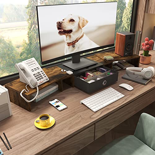 WESTREE Triple Dual Monitor Stand Riser with Drawer,Extra Large Adjustable for 2~3 Monitors,Solt for Phone & Tablet, Desktop Organizer Stand for Computer,Laptop,Printer,TV - size: Large-brown