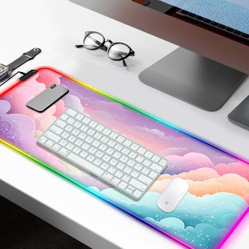 RGB Dreamy Colorful Cloud Star Gaming Desk Mat, XL Mouse Pad, Pink - color: Rgb-w08