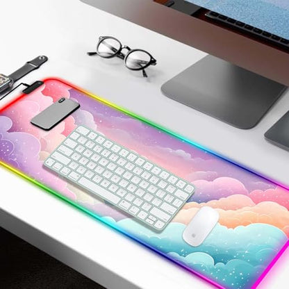 RGB Dreamy Colorful Cloud Star Gaming Desk Mat, XL Mouse Pad, Pink - color: Rgb-w08