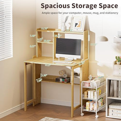 Folding Desk for Small Spaces, Bamboo Foldable Desk with Bookshelf, Natural - color: Natural, size: 47.24"H x 21.65"D x 32.28"W