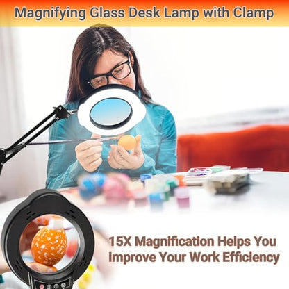 15X Magnifying Glass with Light, Real Glass Lens, 84 LEDs, 5 Color Modes Stepless Dimmable, Adjustable Swing Arm with Clamp and Base, Hands-Free Magnifier for Crafts, Reading, Repair, Close Work
