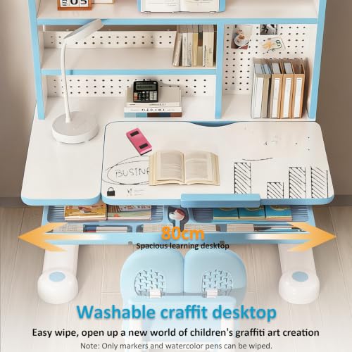 Kid Study Desk and Chair Set 3-12 Height Adjustable Ergonomic Desk | School Art Desk, 50° Tiltable Desktop, Easy-Turn Crank, Storage Drawer & Built-in Bookstand for Children Boys & Girls - color: 013-blue-31.5in