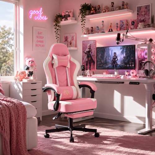 Desk Computer Gaming Chair - High Back Ergonomic Office Chair with Footrest and Lumbar Support, Swivel Comfy Home Gamer Video Game Chairs with Pocket Spring Cushion for Adults (Pink Leather) - color: Classic Pink Leather