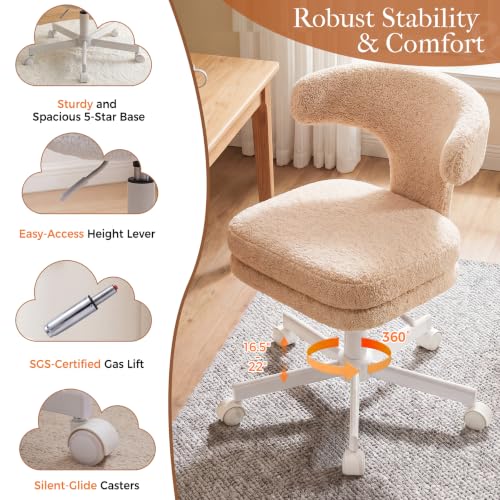 GTPLAYER Swivel Office Desk Chair with Wheels, Adjustable Height Vanity Chair with Back Support, Comfy Rolling Stool for Home Office, Bedroom & Makeup Vanity, Sweet Gift for Girls and Women - color: Khaki Brown