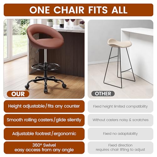Rolling Bar Stool with Back & Footrest, Office Drafting Chair | PU Leather Chair with Wheels, Swivel Tall Counter Height Stool for Kitchen Island Salon Vanity Standing Desk, Brown, 2 Pack - color: Brown, size: 2 Pack