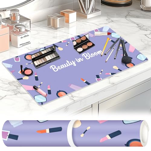 Dual-Sided Waterproof Synthetic Leather Makeup Mat for Desk, Makeup Station, Crafts, Multi-Use Scratch & Stain Resistant Surface Protector Pad for Vanity, Desktop, Craft Table (Purple Cartoon) - color: Purple Cartoon