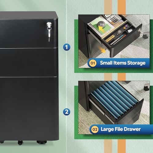 DEVAISE 3 Drawer Mobile File Cabinet, Fully Assembled Except Casters | Metal Filing Cainet with Lock for Home Office, Fits Letter/Legal/A4 Size, 11.8 x 17.7 x 23.2 Inches, Black - color: Black, size: 11.8"W x 17.7"D x 23.2"H