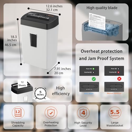Bonsaii Heavy-Duty Shredder, Up to 12 Sheets, P-4 high Security, Credit Cards, Mail, & Staples, 5.5-Gallon bin with a Transparent Window, Suitable for Heavy-Duty use in Home Offices, White & Black - color: Black and White, size: 12-Sheet | 5 min