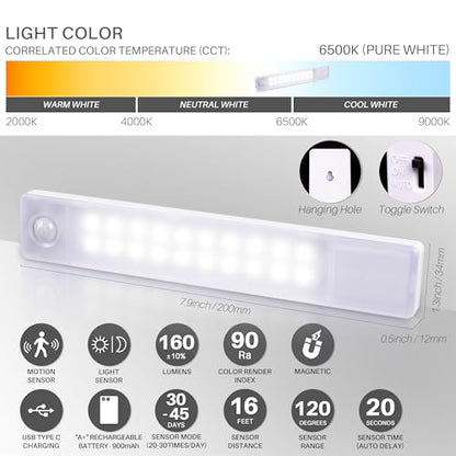 STAR-SPANGLED Under Cabinet Lighting Rechargeable, 8 inch Motion Sensor Lights Indoor Battery Operated, USB Stick on LED Magnetic Closet Light for Counter, Stairs, Kitchen, Cool White, 2 Pack - color: White