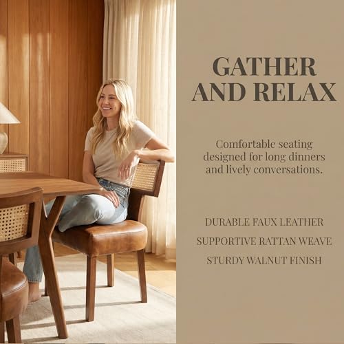 HNY Mid Century Modern Rattan Dining Chairs Set of 2, Farmhouse PU Leather Upholstered Accent Chair Curved Backrest Kitchen Chairs, with Hardwood Frame, Brown - color: Brown Rattan