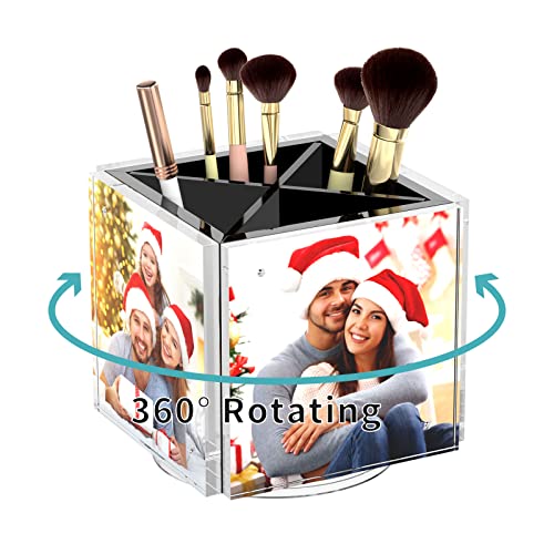 Acrylic Picture Frames for Desk, Magnetic Photo Cube Pen Holder 4x4 | 360° Rotating Desktop Organizer, for Pencil, Makeup Brushes, Home, Office, Black - color: Black