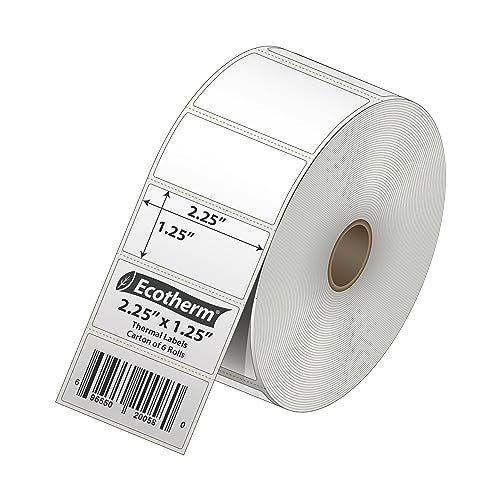 2.25" x 1.25" Thermal Labels | 6 Rolls | 12600 Labels | fits Zebra, Munbyn, Rollo, Godex, Arkscan, iDPRT, Offnova Thermal Label Printers and More | Blank White Adhesive Stickers by Ecotherm - size: 2.25 x 1.25 - 12600 Labels