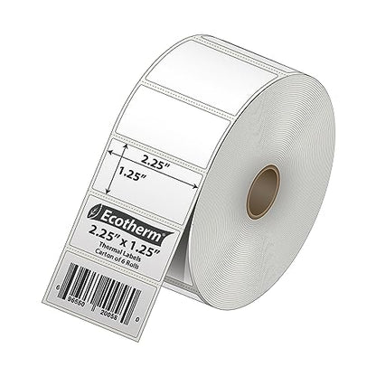 2.25" x 1.25" Thermal Labels | 6 Rolls | 12600 Labels | fits Zebra, Munbyn, Rollo, Godex, Arkscan, iDPRT, Offnova Thermal Label Printers and More | Blank White Adhesive Stickers by Ecotherm - size: 2.25 x 1.25 - 12600 Labels