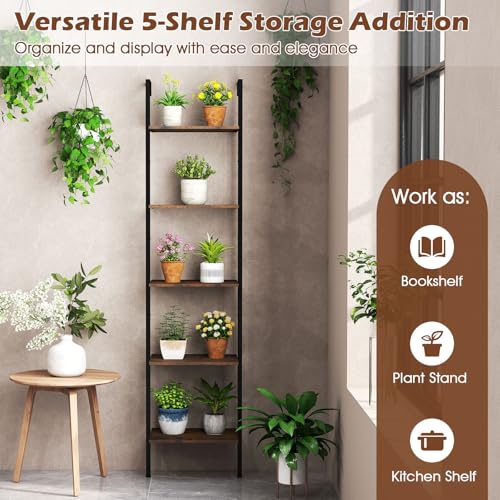 GIANTEX 5 Tier Ladder Shelf, Wall Mount Bookshelf with Anti-Tipping Kits & Metal Frame, Industrial Decorative Bookcase, Vertical Open Storage Display Shelf for Living Room Bedroom Home Office (1)