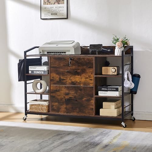 45" File Cabinet for Home Office, Mobile Office Storage Cabinet with Built-In Power Outlet, 2 Drawer Filing Cabinet with Lock, Shelves, Metal Hook, Storage Bag fits A4/Legal/Letter Size (Wood) - color: Wood