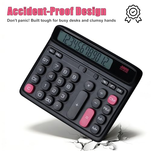 12-Digit Desktop Calculator, Dual Power (Solar & Battery), 7.7inch | Modern Color-Clash Aesthetic Design, Ergonomic Tilted Large LCD Display for Office, School and Accounting (Black) - color: Black