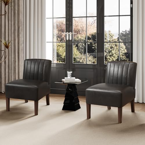 VIRRMO Armless Accent Chairs Set of 2 Upholstered Dining Chairs Living Room Chairs with Solid Wood Legs Bedroom Chair Leather Reading Chair Comfy Chair for Bedroom Vanity Kitchen (Black) - color: Leather-black