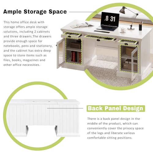 Executive Desk with Power Outlets & USB Charging Station, 67.7" Computer Desk with 3 Drawers & 2 Cabinets Glass Doors, Modern Wood Home Office Desk for Bedroom,Living Room,Study Room, White