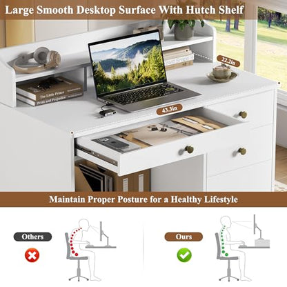 TTVIEW Computer Desk with Drawers and Hutch Shelf, Wood Executive Desk Writing Study Table with 43” Wide Tabletop, Small Desk with File Drawer for Home Office Bedroom, White - color: White