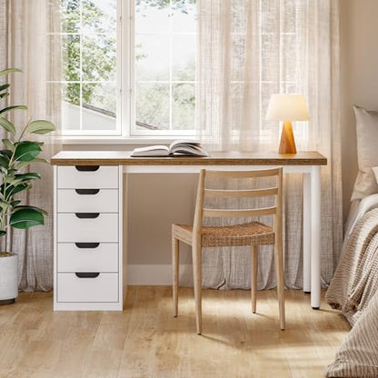 LITTLE TREE Computer Desk with 5 Drawers, 47 Inch Modern Simple Study Writing Desk with Metal Frame, Work Desk for Home Office, Rustic Brown and White - color: Rustic Brown and White
