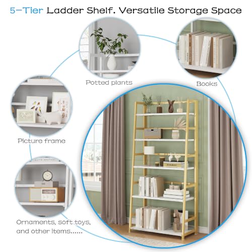 JSB 5 Tier Bookshelf, No Assembly Folding Ladder Bookshelf, 51.6in Tall Foldable Ladder Shelf, Bookcase for Home Office, Living Room,Space-Saving (White & Gold, 5 Tier) - color: White & Gold