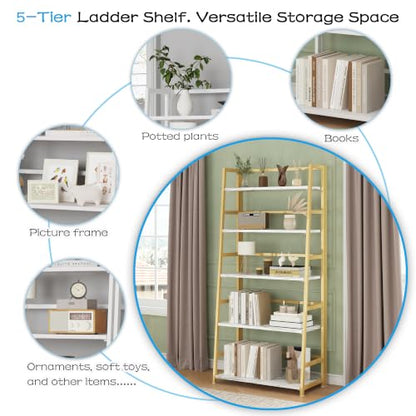 JSB 5 Tier Bookshelf, No Assembly Folding Ladder Bookshelf, 51.6in Tall Foldable Ladder Shelf, Bookcase for Home Office, Living Room,Space-Saving (White & Gold, 5 Tier) - color: White & Gold