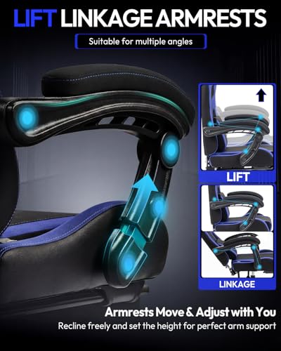 Dowinx Ergonomic Gaming Chair with Footrest & Massage Lumbar, 2D-Linkage Armrests for Computer Chair 330lbs with Headrest Pillow for Office, Home, Streaming and Long Gaming Sessions, Fabric Dark Blue - color: Dark Blue