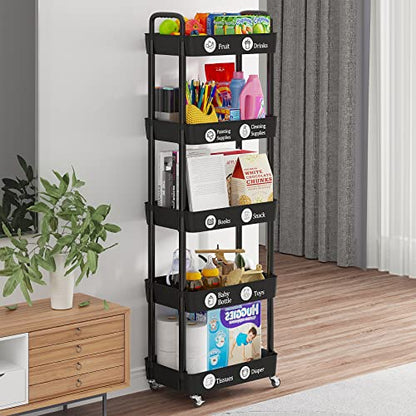 5 Tier Rolling Cart with Wheels,Utility Storage Carts,Black - color: Black, size: 5-Tier