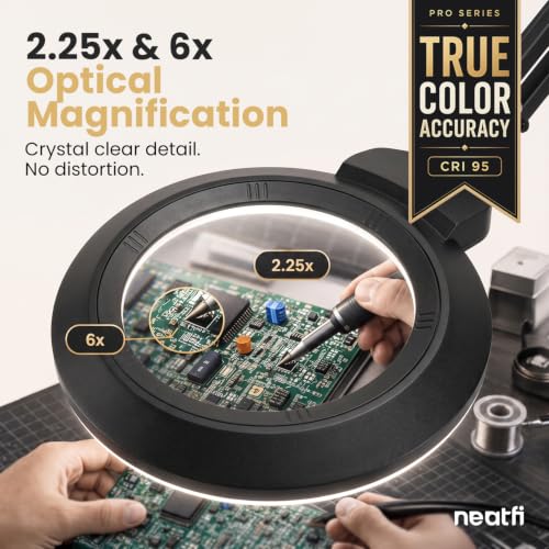 Neatfi Pro Series Bifocal LED Magnifying Lamp – True Color Accuracy (CRI 95) | 7-Inch Acrylic Lens | 2.25x/6x Magnification | 168 LEDs | CCT | Professional Magnifier Lamp (Black, CCT with Clamp) - color: Black, size: CCT with Clamp