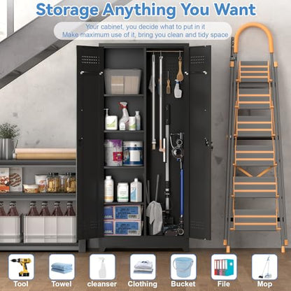 Metal Utility Closet,Broom Closet Storage Cabinet with Doors and Shelves,Locking Storage Cabinets for Home Office,Gym,Laundry,Black - size: 72"H x 31.5"W x 15.74"D-Black