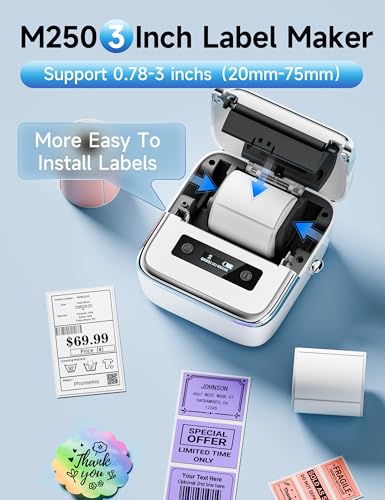 Phomemo M250 3 Inch Label Maker Machine with Tape | Label Printer for Address, Barcode Printer for Business, Home, Logo Label, Sticker Printer for Phones & PC, with 1 Roll Label - color: White