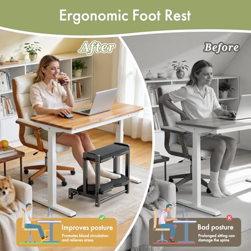 Double Step Foot Rest Under Desk, Adjustable Wooden Desk Foot Rest with 4 Heights, Ergonomic Foot Stool with Cushion for Office, Gaming & Study (Black) - color: Black