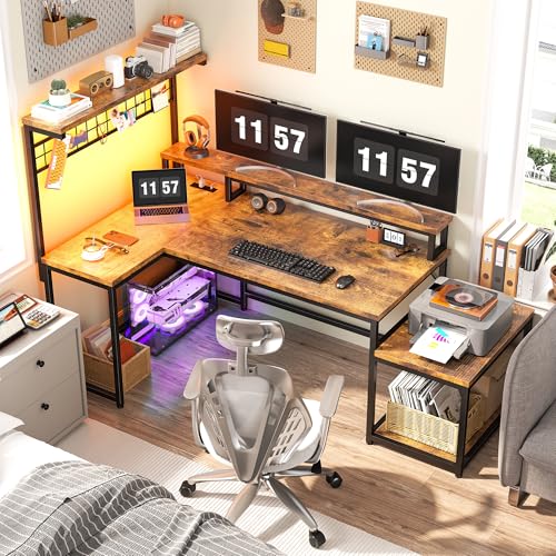 EnHomee 56" L Shaped Desk with Power Outlets & LED Lights for Bedroom,Brown - color: Rustic Brown, size: 56"W