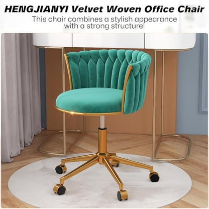 HENGJIANYI Velvet Woven Home Swivel Vanity Desk Chair with Gold Base, Green | Modern Height Adjustable Office Chair with Metal Base and Hand Weaving Back Wheels for Bedroom Study Small Space girl women - color: Green