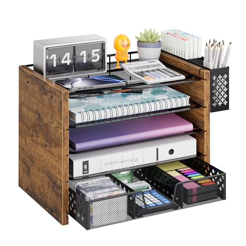 Simple Trending Wooden Desk Organizer, 5-Tier File Organizer, Rustic Brown | Wooden Desk Organizers and Accessories with Drawer & Pen Holder, Natural Wood & Metal for Office Home, 9"L x 12.75"W x 9.75"H