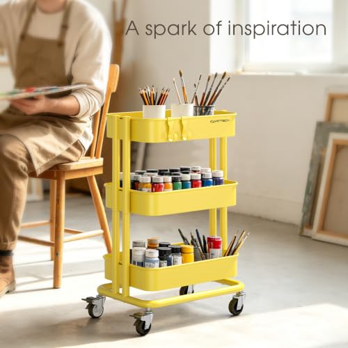 3 Tier Rolling Cart Metal Utility Cart with Lockable Wheels Home Office - color: Yellow, size: Small