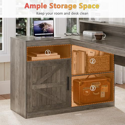 TVU Farmhouse L Shaped Desk with Drawers, 62.2" Home Office Desk with Storage Shelves and Power Outlet, L Shaped Computer Desk with Monitor Stand and Printer Shelf, Gray - color: Grey