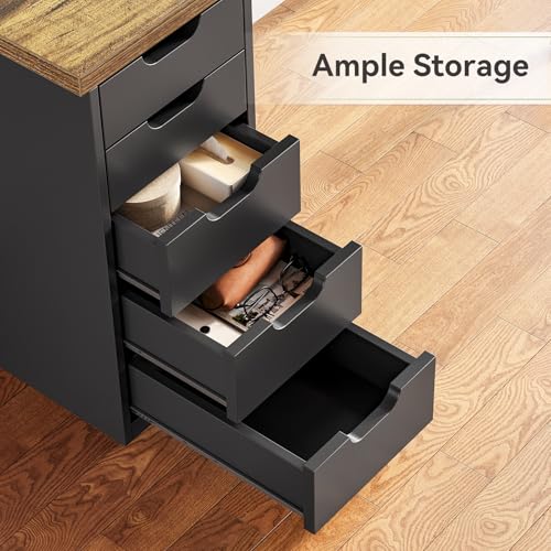 LITTLE TREE Computer Desk with 5 Drawers, 47 Inch Modern Simple Study Writing Desk with Metal Frame, Work Desk for Home Office, Rustic Brown and Black - color: Rustic Brown and Black