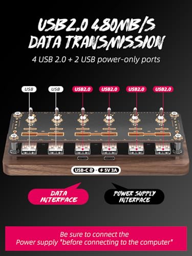 Walnut Cyberpunk USB Docking Station for Independent Switch Control, 6 Port USB2.0 Hub,USB Splitter Expander,USB/SD/TF Card Storage Box,Retro USB Desktop PC Controller-F062