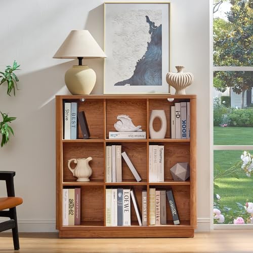 Joaxswe 9 Cube Storage Book Shelf, 40.5" Wide Organizer Bookshelf with Curved Edge, Wood Floor Standing 3-Tier Cubby Bookcase with Base, Country Rustic Display Book Case for Library, Office, Brown - color: Brown, size: 9 Cube (11.81"D x 40.5"W x 41"H)