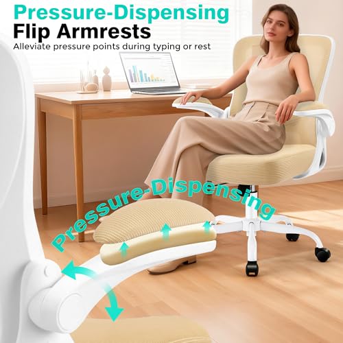 Office Chair - Ergonomic Breathable Mesh Desk Chair with Adjustable Lumbar Support and Flip-up Armrests - Executive High Back Rolling Swivel Comfortable Computer Gaming Chair for Home Office - color: Khaki