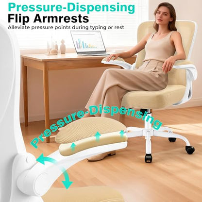 Office Chair - Ergonomic Breathable Mesh Desk Chair with Adjustable Lumbar Support and Flip-up Armrests - Executive High Back Rolling Swivel Comfortable Computer Gaming Chair for Home Office - color: Khaki