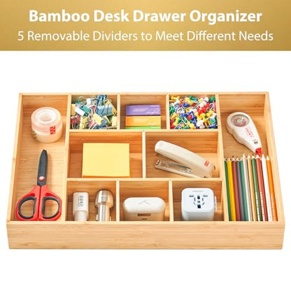 Umilife Extra Large Bamboo Desk Drawer Organizer, Wood Junk Organizer Tray with Adjustable Dividers, Anti-Skip Storage Organization in Office Bathroom Drawer for Vanity, Makeup, 17" x 12" - size: 17"x12"